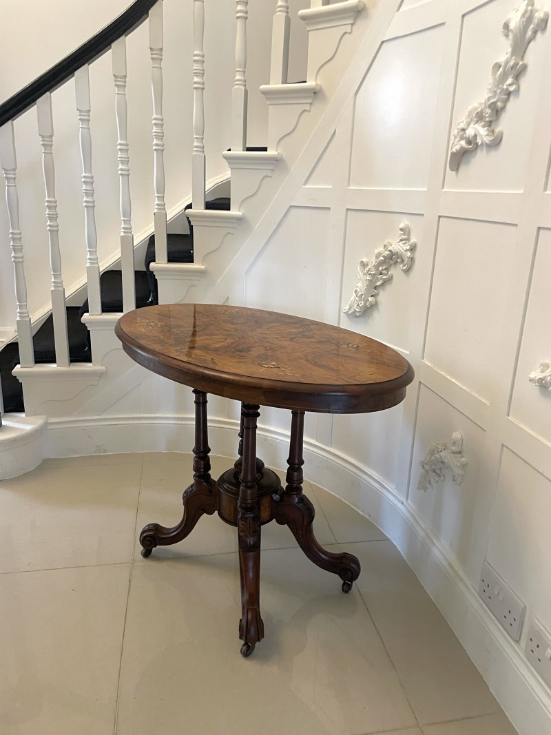 Antique Victorian Quality Inlaid Burr Walnut Oval Centre Table - Image 6